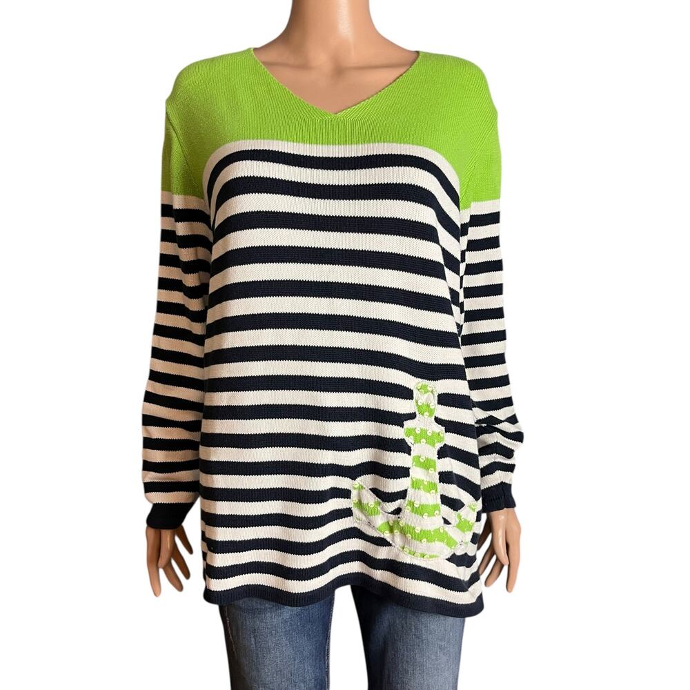 Quacker Factory Pullover Striped Knit Sweater Large Nautical Coastal Yacht Core